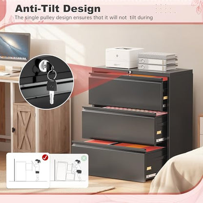 Superday Lateral File Cabinet 3 Drawer Metal File Cabinet with Lock, Black Filing Cabinets for Home Office, Locking Filing Cabinets Hanging Files Letter/Legal/F4/A4 - color: Black, style: 3 drawer-wide