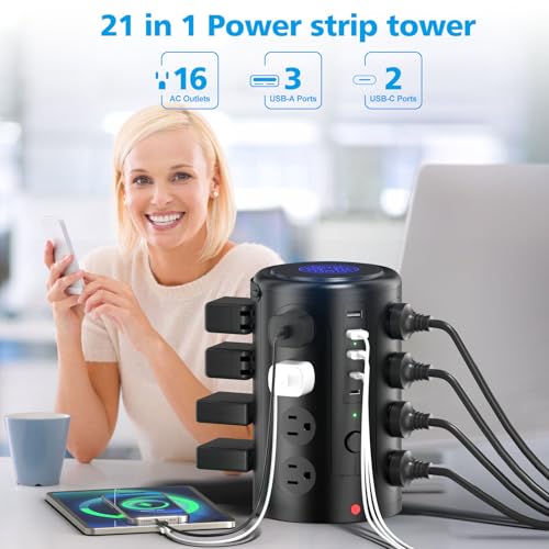 20FT Power Strip Tower Surge Protector with 15W Wireless Charger - size: 20Feet