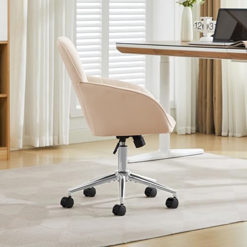 YITAI Velvet Office Desk Armchairs with Silver Base and Wheels,Modern Height Adjustable 360 Degree Swivel Upholstered Vanity Chairs for Living/Room Bedroom/Study,Khaki - color: Silver Khaki