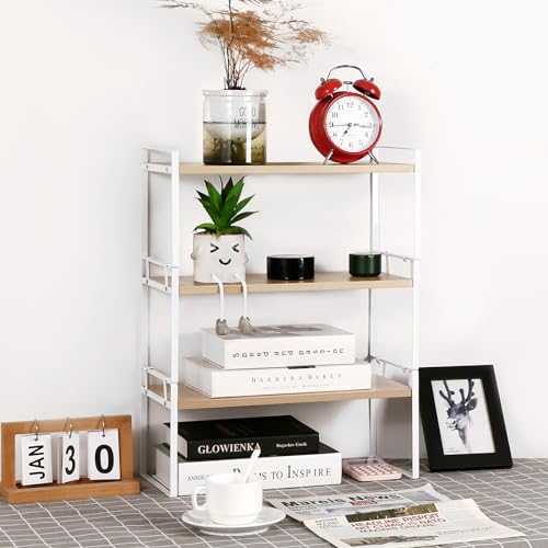 YGYQZ Desk Shelf Organizer for Top of Desk, 3-Tier Desktop Bookshelf, White & Wood - color: 3-tier White/Wood