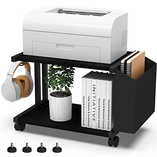 VEDECASA 2 Tier Black Printer Stand with Storage Bag for Home Office Desktop Printer Table Underdesk Organizer Mobile Printer Shelf with Caster Wheel (Black) - color: Black