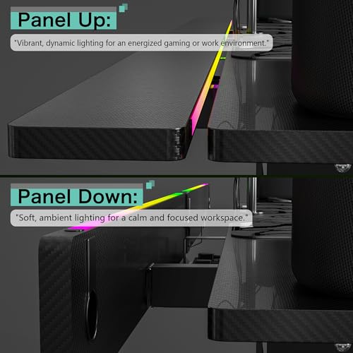 JWX 71-Inch Dual Motor 4-Leg Standing Gaming Desk with LED | Flip-up cable panel with rear LED strip and acrylic side lights creates soft desktop glow or immersive backlighting. - size: Flip Up-Black