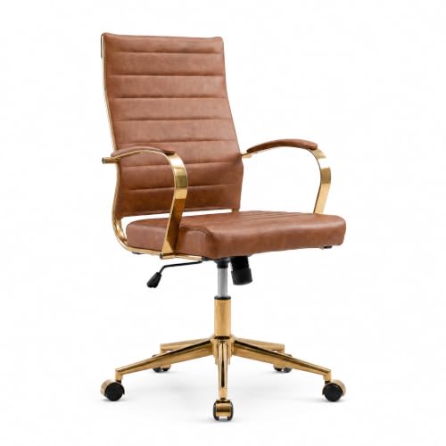 Okeysen Gold Office Desk Chair, Ergonomic Leather Modern Conference Room Chairs, Executive Ribbed Height Adjustable Swivel Rolling Golden Chair for Home Office. - color: Vintage Brown