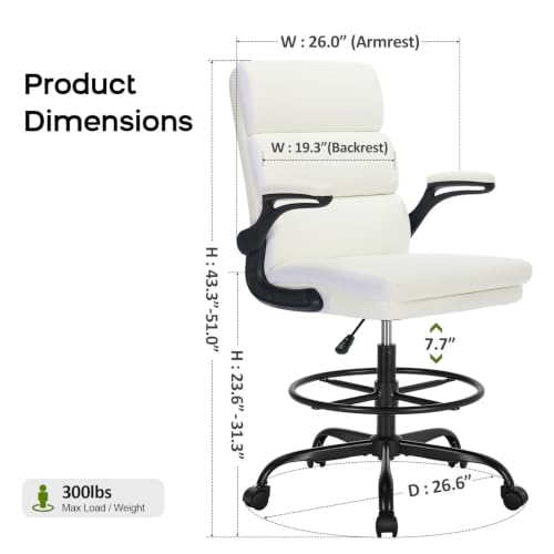 amseatec Drafting Chair, Tall Office Chair with Footrest for Standing Desk | 3-zone backrest and dual-layer cushion add comfort; 90° flip-up armrests plus adjustable foot ring fit counter-height tables - color: White