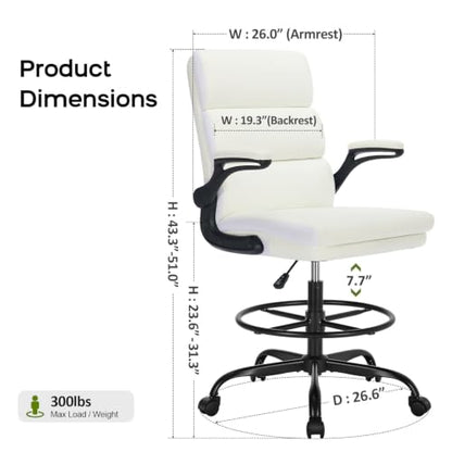 amseatec Drafting Chair, Tall Office Chair with Footrest for Standing Desk | 3-zone backrest and dual-layer cushion add comfort; 90° flip-up armrests plus adjustable foot ring fit counter-height tables - color: White