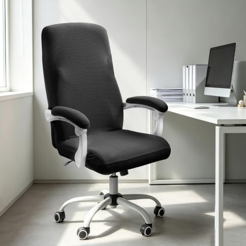 FORCHEER Water-Resistant Large Office Chair Cover with Armrest Covers Black Stretch Jacquard Computer Desk Chair Slipcover Non-Slip Cats/Dogs Proof Washable - color: Black, size: Office Chair Cover with Armrest Covers