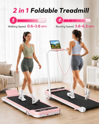 Cardirun Walking Pad with Incline and Stable Handle Bar, Foldable Treadmill | 350+ lbs Capacity, 3.0HP Quiet Under Desk Treadmills for Home, Portable Treadmill with APP, Remote Control and LED Display - color: PINK