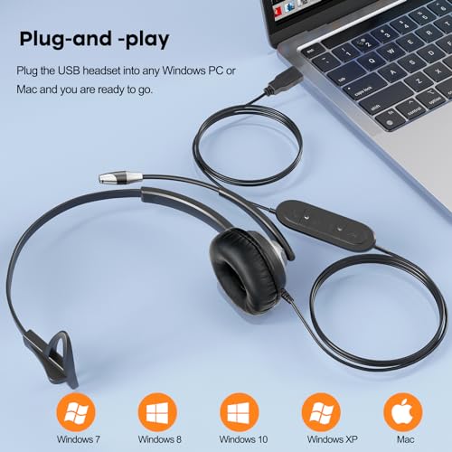 MKJ USB Headset for Computer Laptop, Noise Canceling Mic, in-line Control