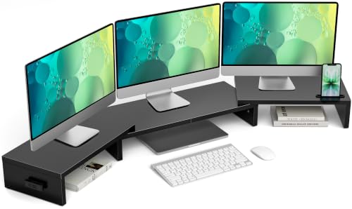 BONTEC Triple Monitor Stand Riser with Smartphone Holder, Black - color: Black, size: 53.3 in