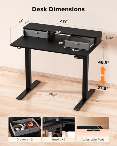 FiCiHi 40x24 Inch Electric Standing Desk, 2 Drawers, Adjustable Height Desk - color: Classical Black, size: 40"x24" (Standard)