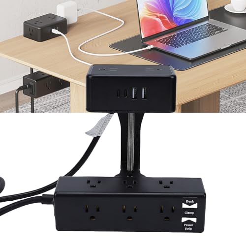 Fafeicy Dual Layer Desk Clamp Power Strip 13 AC Outlets 4 USB Ports 1500W with 2m Cord Clamp On Desktop for Home Office Organization (US Plug)