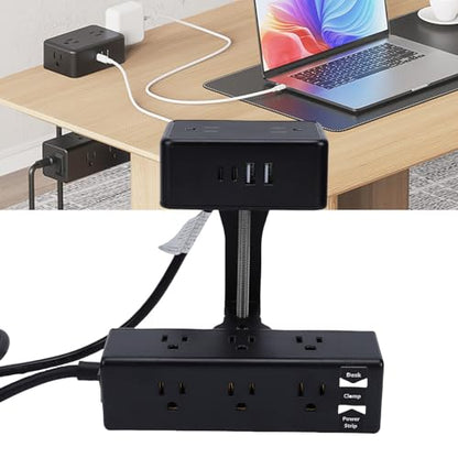 Fafeicy Dual Layer Desk Clamp Power Strip 13 AC Outlets 4 USB Ports 1500W with 2m Cord Clamp On Desktop for Home Office Organization (US Plug)