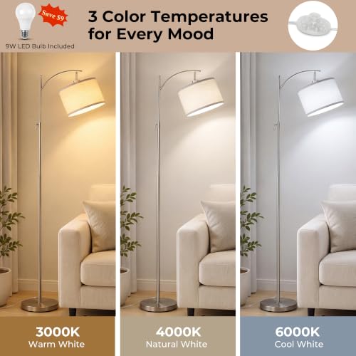 Brushed Nickel Arc Floor Lamp Adjustable Height 55-63in 3 Color 9W LED Bulb - color: Silver+White Shade-Arc