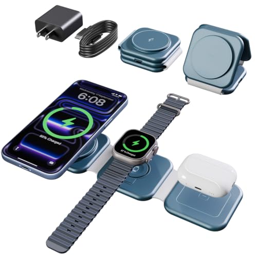 15W Magnetic Travel Charging Station, 3-in-1 Foldable MagSafe Charger - color: Navy Blue