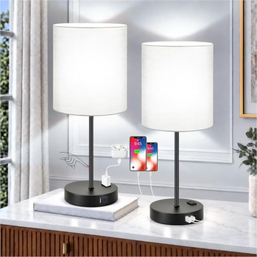 Lynnoland Set of 2 Touch Control Table Lamps with 2 USB & AC Outlet, 3-Way Dimmable Bedside Nightstand Lamps for Bedroom Living Room Nursery, 800 Lumens 5000K Daylight Bulbs Included - color: Gray & Matte Black (Base) - 5000K