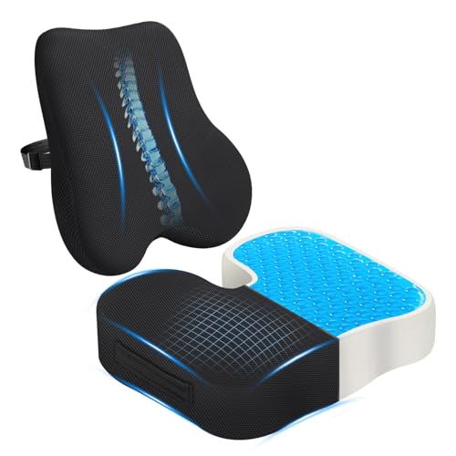 Gel Seat Cushion & Lumbar Support Pillow Set, Cooling Memory Foam for Tailbone & Sciatica Pain Relief, Ergonomic Office Chair Cushion with Breathable Mesh Cover for Car, Home, Wheelchair (Black) - color: Black Gel Cool