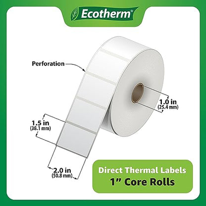 2" x 1.5" Thermal Labels | 4 Rolls | 5280 Labels | fits Zebra, Munbyn, Rollo, Godex, Arkscan, iDPRT, Offnova Thermal Label Printers and More | Blank White Adhesive Stickers by Ecotherm - size: 2 x 1.5 - 5280 Labels