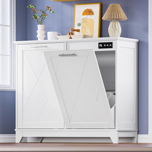 BORNOON Tilt Out Trash Can Cabinet for 2 Bins, Hidden Recycle Garbage Bin Enclosure, Wooden Double Laundry Cabinet with Odor Control, Negative Ion & Ozone, for Kitchen, Bathroom, Laundry Room - color: White, size: Bigger--2 Cabinets
