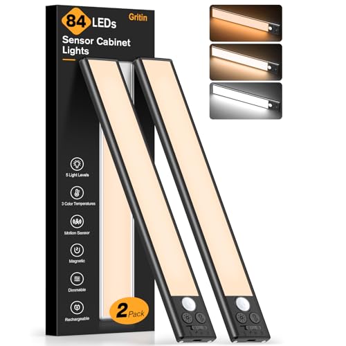 Gritin 10.2inch Under Cabinet Lighting Rechargeable 2 Pack - color: Black, size: 10.2 inch