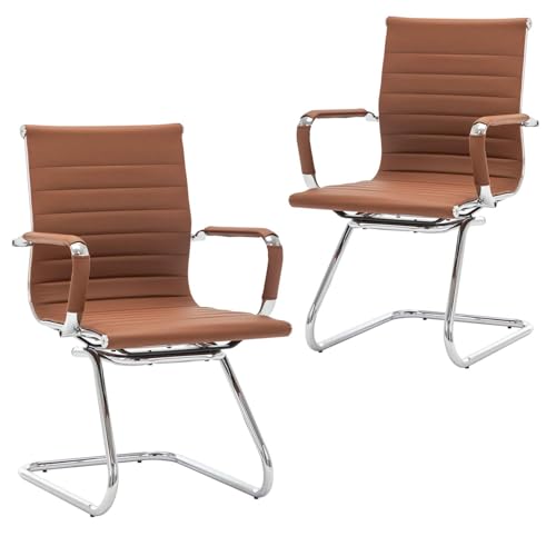 Conference Room Chairs Set of 2, Waiting Room Chairs with Arms, Faux Leather Reception Chairs No Wheels, Office Guest Chairs with Mid Back Support and Chrome Sled Base, Cafe - color: Cafe, size: 2PCS