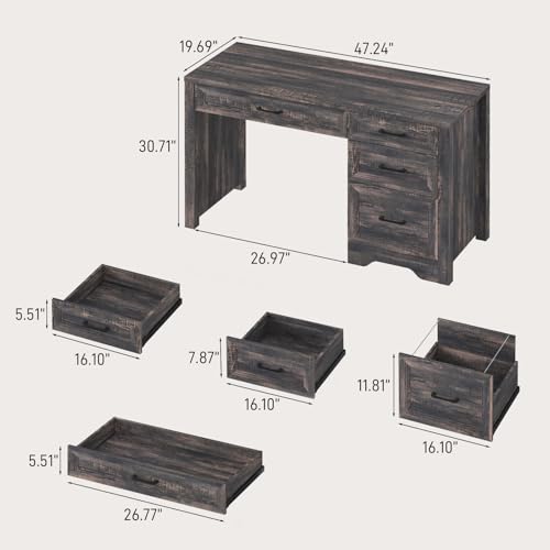 Vabches Farmhouse Executive Desk with Drawers, Home Office Desk with File Drawer, Wood Computer Desk with Ample Storage, Rustic Office Desk with Spacious Tabletop for Work, Dark Oak - color: Dark Oak, size: 19.7"D x 47.2"W x 30.7"H