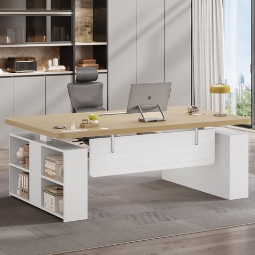 SEDETA 63" Executive Standing Desk with Storage, Executive Height Adjustable Desk with Power Outlets, Large Computer Office Desk with Privacy Panel for Home Office, Natural Oak - color: Natural Oak