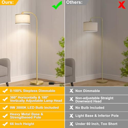 LED Floor Lamp Fully Dimmable Modern Standing Lamp Arc Floor Lamp with Adjustable Drum Shade, Tall Pole Reading Lamp Light for Living Room Bedroom Study Room, Bulb Included - color: Gold