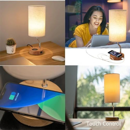 Set of 2 Smart Bedside Table Lamp with Wireless Charger & USB Port - Touch Control LED Desk Lamp for Bedroom, Dimmable Wooden Nightstand Lamp with Fabric Shade for Living Room, Kid's Room, (Cream) - color: Set of 2(Cream)