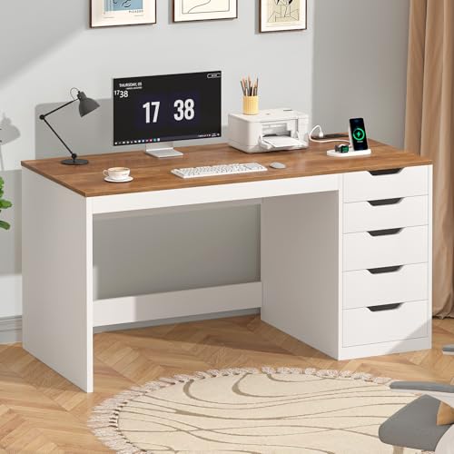 47 Inch Small Computer Desk with 5 Drawers and Outlets for Home Office - color: Brown and White, size: 47inch-5drawers
