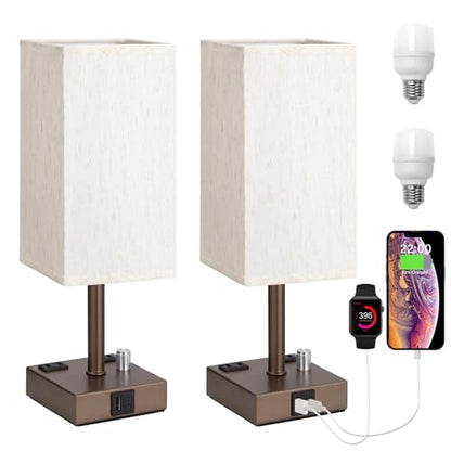 Brown Bedside Table Lamps Set of 2 - Dimmable, USB C+A, 2 AC Outlets | Stepless Dimmable by Rotary Knob, 3000K LED Bulbs Included, Square Cream Linen Shade, Nightstand Lamp for Living Room, Desk - color: Brown