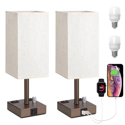 Brown Bedside Table Lamps Set of 2 - Dimmable, USB C+A, 2 AC Outlets | Stepless Dimmable by Rotary Knob, 3000K LED Bulbs Included, Square Cream Linen Shade, Nightstand Lamp for Living Room, Desk - color: Brown