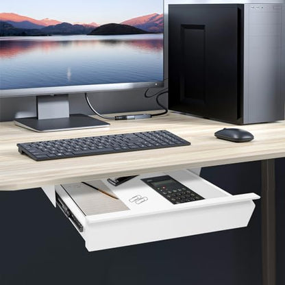 Under Desk Drawer Organizer Metal, Sliding Pull-Out Storage Tray, Hidden Mount, White, Large Capacity for Keyboard Mouse Office Supplies, Smooth Silent Rail, Easy Install