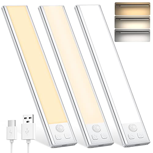 Under Cabinet Lights Motion Sensor 3 Color Temperatures LED Closet Light, USB-C Rechargeable Under Counter Lights Night Light for Kitchen, Wardrobe (Silver - 3 Color, 8.07 Inch - 3 Pack) - color: Silver - 3 Color, size: 8.07 Inch - 3 Pack