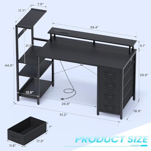 51in Gaming Computer Desk with Drawers & Power Outlet & LED Lights, Black - color: Black, size: 51''
