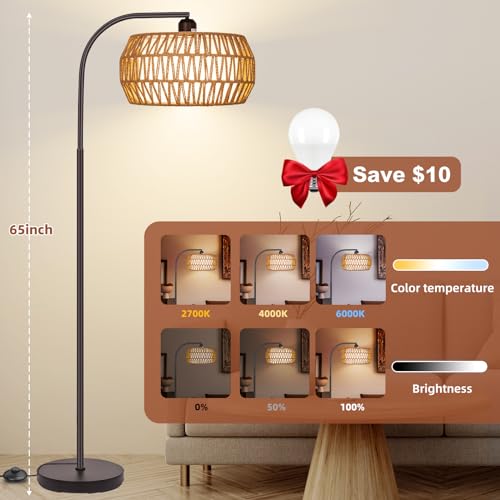 Brilvibera Rattan Standing Lamp with Remote and Dimmable Bulb Bronze | Bronze Arch Floor Lamp, Over Couch Lamp with Foot Switch, Brown Boho Lamp for Living Room, Bedroom, Office, Classroom - style: Drum-Bronze