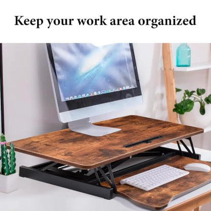 37" Desk Converter, Height Adjustable Stand Up Desk Converter, 2 Monitor Standing, Sit to Stand, Quick Sit to Tabletop, Riser Workstation with Wide Keyboard Tray - color: Tiger Brown