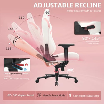 Ergonomic Gaming Chair, Computer Desk Chairs, 4D Armrests, High Back Office Chair with Headrest & Lumbar Pillow, Tilt Rocker Recliner, Heavy-Duty Base, White PU Leather & Pink Suede Comb
