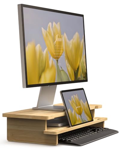 23” Bamboo Monitor Stand with Phone & Tablet Holder Desk Shelf - color: Bamboo, size: 23 inch