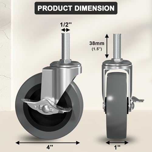 4 Inch Caster Wheels 1/2" -13 x 1-1/2" Locking Threaded Stem Castor 4 Pack | Non Marking Industrial Screw in Casters Heavy with Side Brake, Duty TPE Swivel Castors for Dolly Cart, Wire Shelving - style: Gray-With Brakes