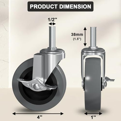 4 Inch Caster Wheels 1/2" -13 x 1-1/2" Locking Threaded Stem Castor 4 Pack | Non Marking Industrial Screw in Casters Heavy with Side Brake, Duty TPE Swivel Castors for Dolly Cart, Wire Shelving - style: Gray-With Brakes