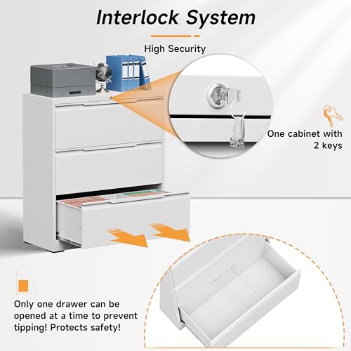 Bestoo 3 Drawer File Cabinet, Metal Lateral Filing Cabinet with Lock - color: White, size: 3 Drawer 15.7"D x 35.4"W x 40"H
