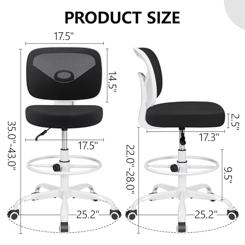 Primy Armless Mid-Back Ergonomic Standing Desk Chair - Mesh Rolling Tall Chair, Adjustable Height and Footring, Art Room, Office or Home (White) - color: White, size: PR777-Z