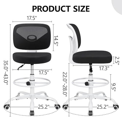 Primy Armless Mid-Back Ergonomic Standing Desk Chair - Mesh Rolling Tall Chair, Adjustable Height and Footring, Art Room, Office or Home (White) - color: White, size: PR777-Z