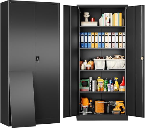 Metal Storage Cabinet with 2 Doors and 5 Shelves,71" Lockable Garage Storage Cabinet,Black Metal Cabinets with Lock,Locking Steel Cabinets for Home,Office,Garage,Shop,School - color: Black, size: 71"H x 31.5"W x 16"D-B