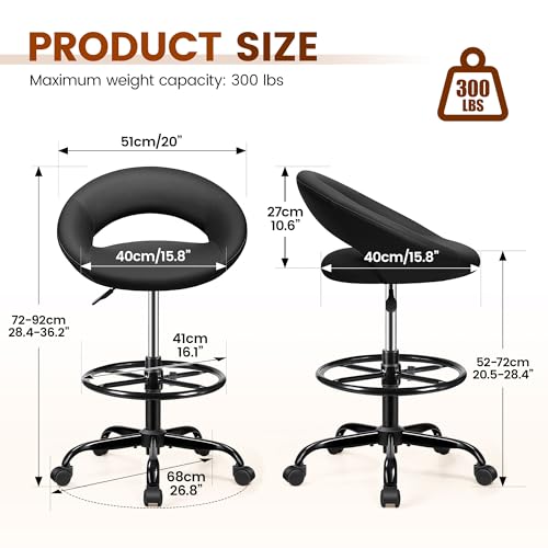 Ergonomic Drafting Chair for Standing Desk, PU Leather Black | Height Adjustable Tall Rolling Stool with Foot Rest & Back Support, 360° Swivel Wheels for Home Office Kitchen Counter Salon - color: Black, size: 1 Pack