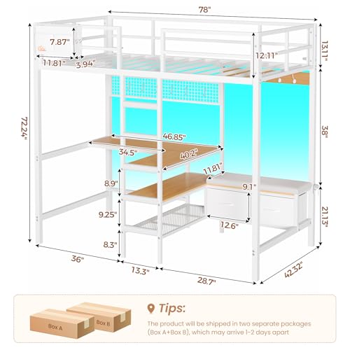 DICTAC Twin Loft Bed with L-Shaped Desk, Storage Shelves and Charging Station Twin Size Metal Loft Bed with LED Lights and Coat Rack with 2 Storage Drawers,Top Bunk with Safety Guard & Stair, White - color: White