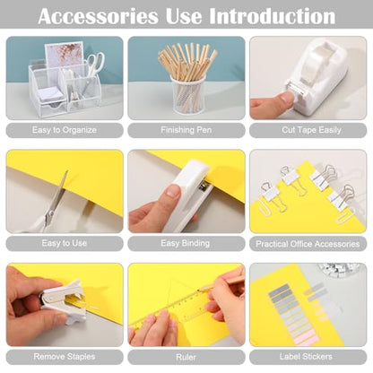 11 in 1 Desk Organizers and Accessories - White Office Supplies - Includes White Stapler, Tape Dispenser, Pen Holder, Staple Remover, Clips, Ruler, Scissors, Tapes, Tabs - color: White