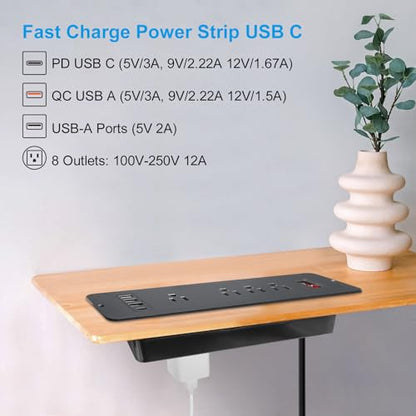 8 Outlets Dual Side USB C Recessed Power Strip Flush Mount Charging Station Built in Desk Multiple Power Socket for Furniture Cabinet Table Conference (Black) - color: Black