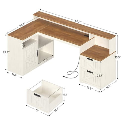 TVU Farmhouse L Shaped Desk with Drawers, 62.2" Home Office Desk with Storage Shelves and Power Outlet, L Shaped Computer Desk with Monitor Stand and Printer Shelf, Brown and White - color: Brown and White