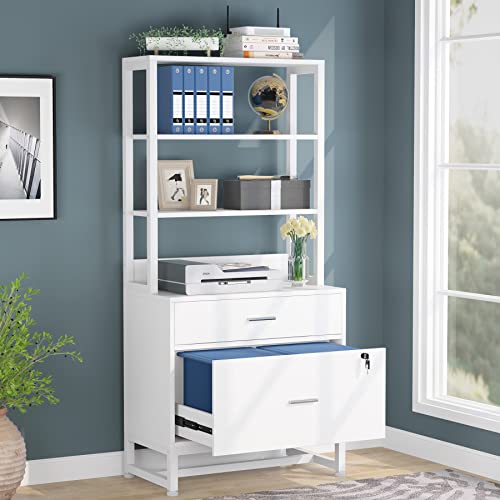 Tribesigns 2 Drawer Vertical File Cabinet with Lock & Bookshelf, Letter Size Large Modern Filing Cabinet Printer Stand with Open Storage Shelves for Home Office, White - color: White